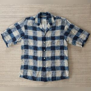 120% Lino blue cream checkered linen short sleeve button down shirt men’s L
